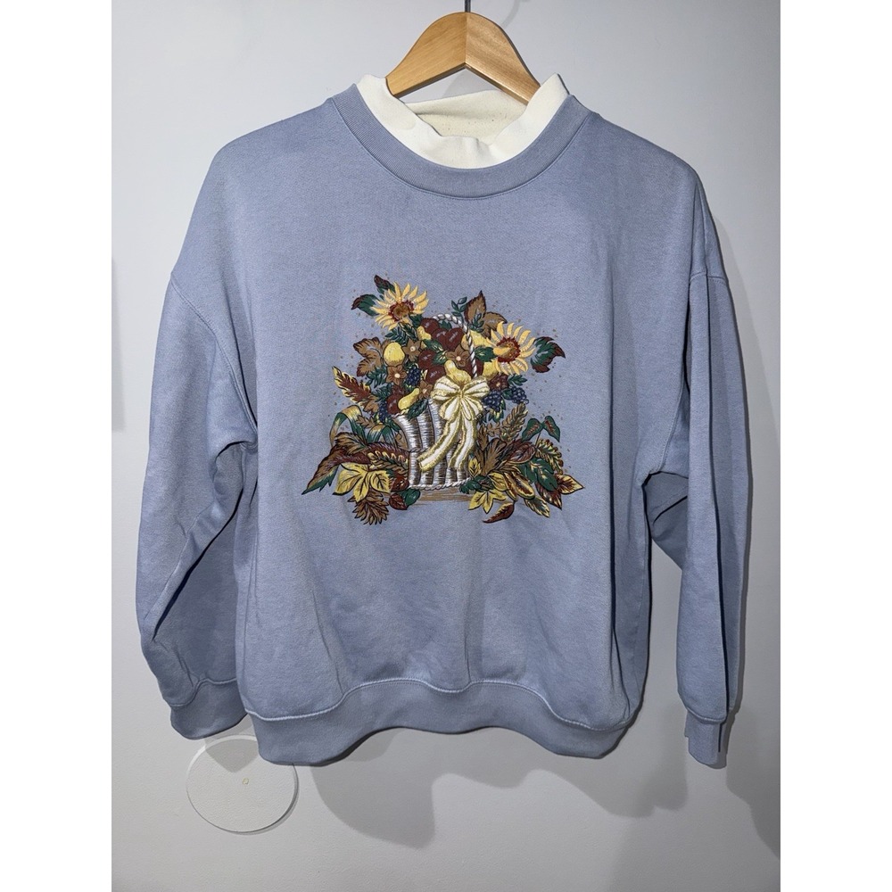 Vintage Cottage Core Crew Sweatshirt Womens L Double Collar Boho Blue Floral
